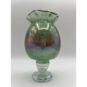 Terra Studios Hand Blown Green Iridescent Art Glass Footed Vase 7” Signed 1994